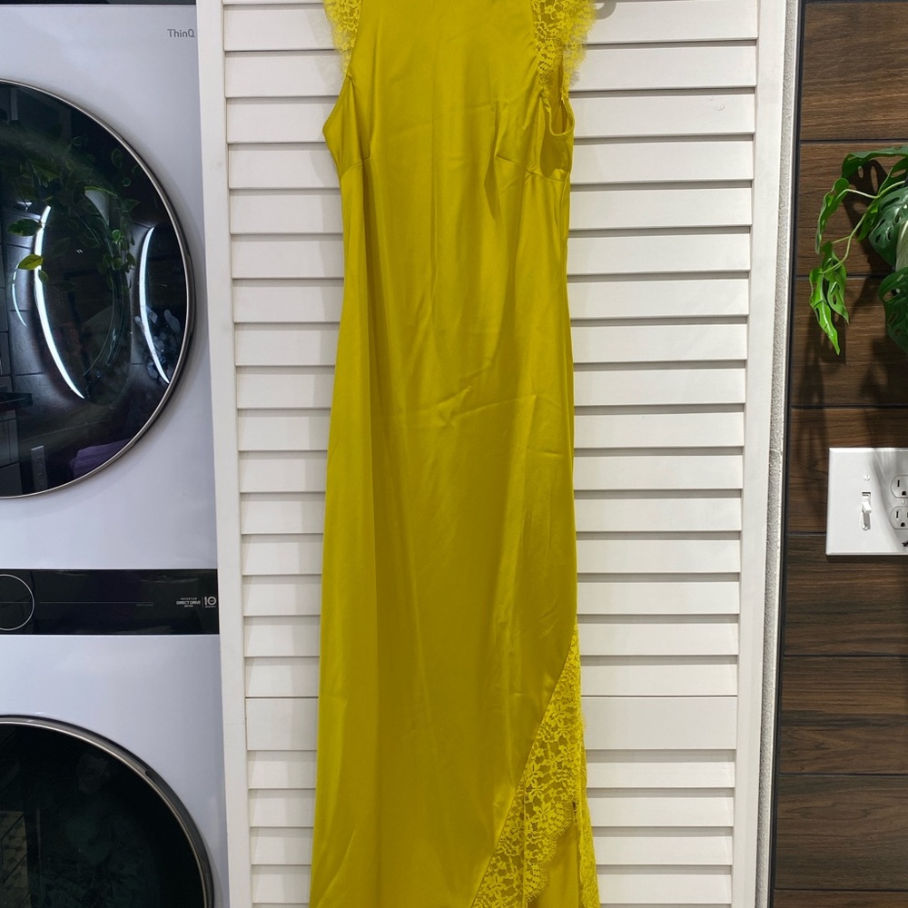 Elegant Yellow Satin Like Slip Dress with Lace Accents